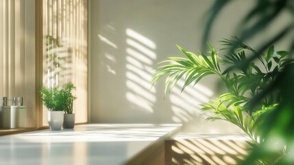 Fototapeta premium Modern minimalist kitchen with bright lighting, white surfaces, wooden details, and green plants for a fresh and clean aesthetic