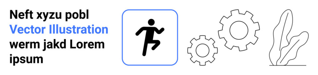 Minimalistic person running icon paired with gears and plant outline to convey action, productivity, and growth. Ideal for technology, fitness, teamwork, process, vitality, balance simple landing