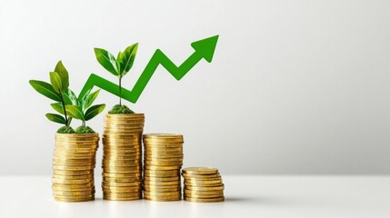 Growth Concept with Plants and Coins on Neutral Background