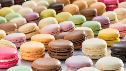 Obraz premium Delicious colorful macaroons, sweet gourmet treats on a wooden table