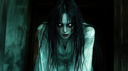 Fototapeta premium Ghostly woman with white glowing eyes in dark hallway