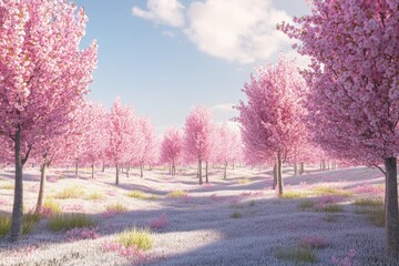 Blossoming cherry trees create a stunning pink landscape in springtime park