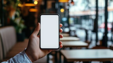 Empty smartphone screen held in hand, cafe background