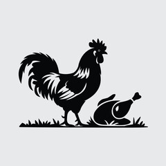 Rooster and Chicken Leg Silhouette – Farm Animal Black Vector Illustration