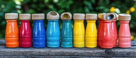 Row of colorful wooden containers on wooden surface with green background, creating a vibrant and artistic display