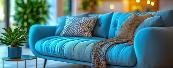 Obraz premium Modern living room interior featuring a turquoise sofa adorned with cushions and a cozy throw, complemented by a potted plant.