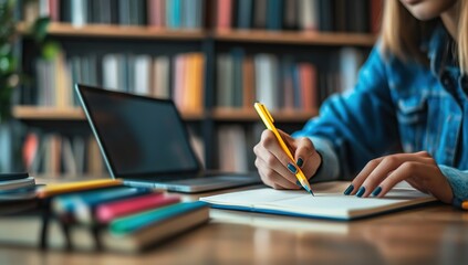 Student Writes Notes in Notebook using Pen and Laptop, Studying Effectively at Library Desk
