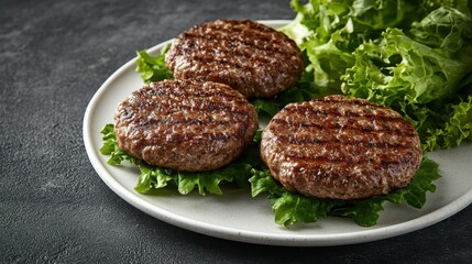 Three grilled burger patties rest on lettuce, served on a white plate. Perfect for menus, recipes, or food blog headers, showcases juicy burgers.