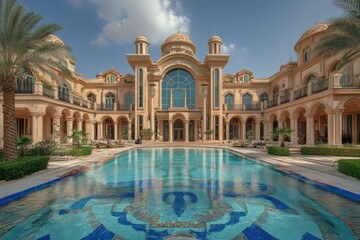 Fototapeta premium Ornate palace with dome features and large turquoise swimming pool