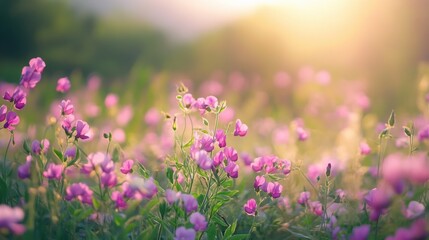 Beautiful Spring Field with Delicate Purple Flowers at Sunset