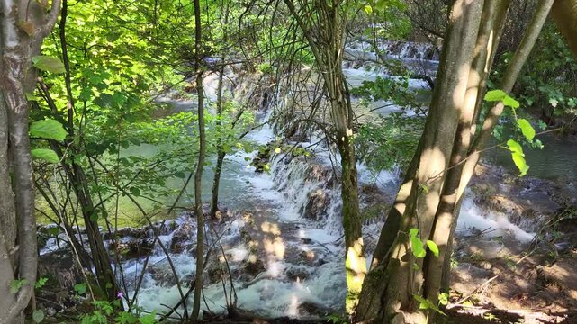 Faszinierende Sinterterrassen der Wei&szlig;en Lauter, ein beeindruckendes Naturwunder in Deutschland. Das klare Wasser flie&szlig;t in kleinen Kaskaden &uuml;ber die abgestuften Terrassen.