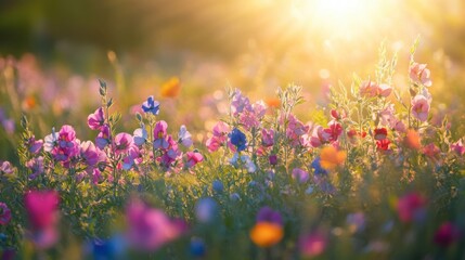 Vibrant Sweet Pea flowers scattered through a wildflower meadow, spring light glowing 