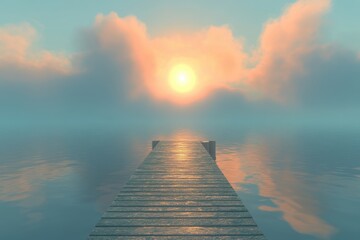 Wooden dock extends into water, a hazy sun shining through the clouds. Perfect for conveying peace, dreams, or finding your own path.