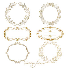 Set of vintage frames. Golden frames. Invitation, label, template 