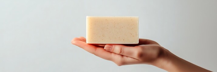 A hand holds a bar of natural soap against a light background, emphasizing its creamy texture and simplicity.