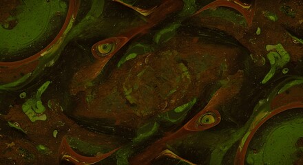 Abstract painting in green and brown color with a surreal eye effect