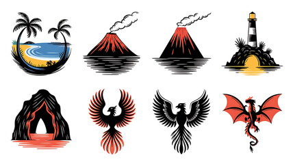 Vintage-style vector graphics depicting tropical beach volcano lighthouse cave phoenix and dragon suitable for logos merchandise or decorative elements