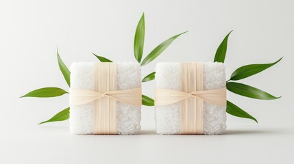 Minimalist 3D Rendering of Sticky Rice Cakes Wrapped in Natural Leaf Package