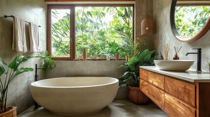 Fototapeta premium Embrace a serene bathroom with natural light, a spacious haven with a round bathtub near a window framing foliage & greenery.