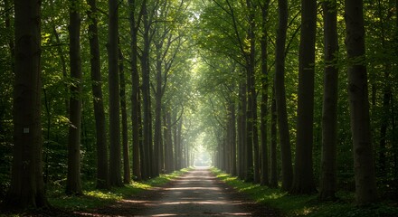 Obraz premium Serene forest path with sunlit trees creating a natural tunnel view