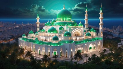 Obraz premium Aerial view of a grand mosque illuminated in green lights during twilight.