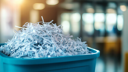 Pile of shredded paper documents in a waste bin container. Printing press Industrial mulcher shedder paper in a trash can. Ecofriendly recycling bin filled with shredded cardboard in a waste compactor