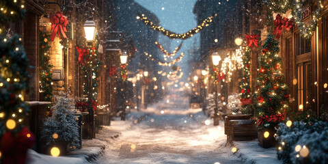 A Charming Old-Fashioned Street Decorated for Christmas with Lights and Snow for Festive, Holiday, or Winter Design Projects