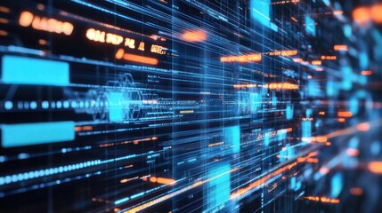 Futuristic data stream visualization.  Dynamic network of digital information flows in motion.  Abstract representation of a complex system