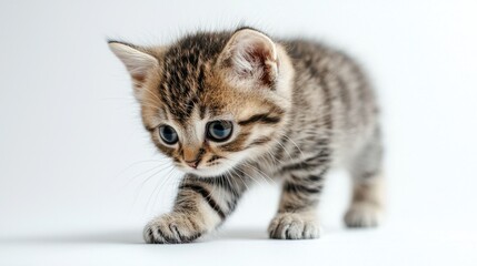 Fototapeta premium Playful Tabby Kitten Exploring a Light Background with Curiosity