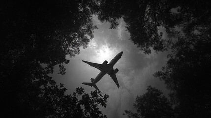 Airplane flying overhead viewed from below through tree branches in monochrome photography style