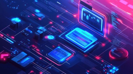 Obraz premium Futuristic digital interface with glowing elements. Complex network of interconnected data visualizations