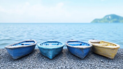Four weathered wooden fishing boats of blue and yellow hues rest on a pebble beach overlooking a calm ocean under a bright sunny sky.