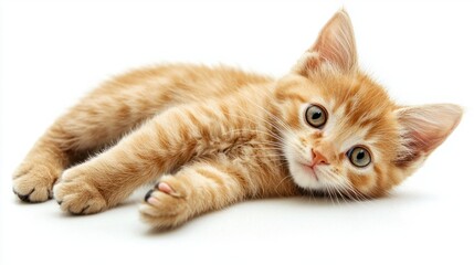 Cute Orange Tabby Kitten Relaxing on White Background