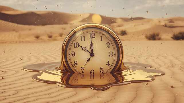 Melting gold clock in a desert landscape Time running out Ephemeral moments