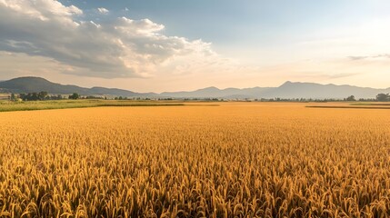Naklejka premium Golden Wheat Field Landscape at Sunset with Distant Mountains