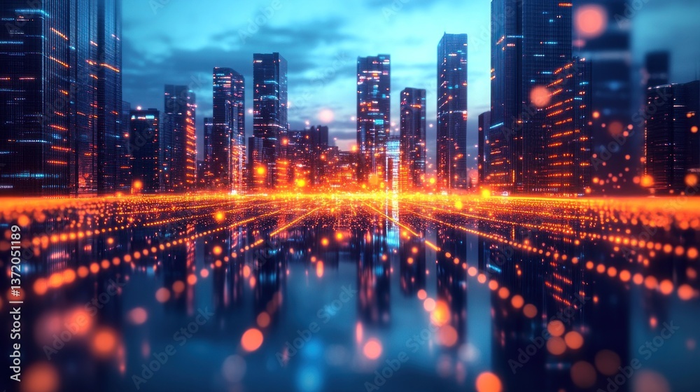 Poster futuristic cityscape reflecting digital streams creating an immersive experience of interconnected d