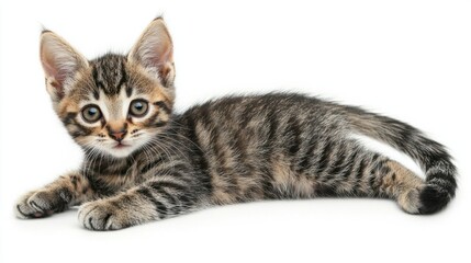 Fototapeta premium Adorable Tabby Kitten Relaxing on White Background