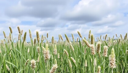 Serene Field of Ribwort Plantain Grass Against a Cloudy Blue Sky Backdrop.