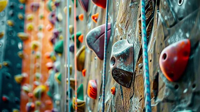 Close-up of colorful rock climbing wall with various plastic holds and ropes under indoor lighting. Concept of sport activity, grip challenge and fitness training