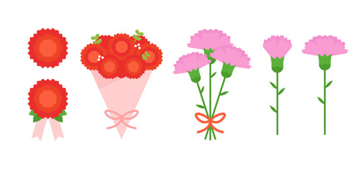 Carnation flowers and bouquets illustration. A symbol of appreciation for parents and teachers. Flat vector isolated clipart on white background.