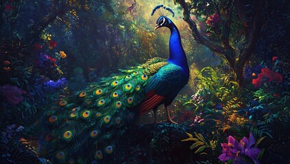 Fototapeta premium Majestic Peacock Displays Vibrant Plumage in Lush Tropical Garden Paradise, showcasing iridescent feathers amidst abundant flora.