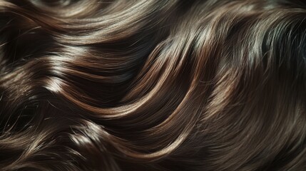 Naklejka premium Beautiful model girl with Brown hair strand,silky healthy chestnut wavy hair strand,hair wavy ribbon, with smooth,Keratin straightening,Treatment,straight long hair,procedures,Smooth hairstyle.