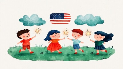 Obraz premium Children Celebrating Independence Day in America Festive Outdoor Gathering Joyful Atmosphere Colorful Sparks