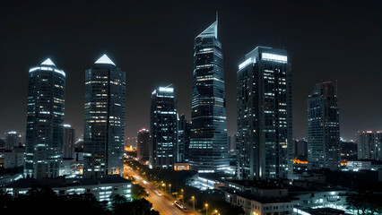 Fototapeta premium Illuminated Night Cityscape with Modern Skyscrapers