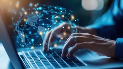 Global digital connection.  Hands typing on a laptop with a holographic world map overlay