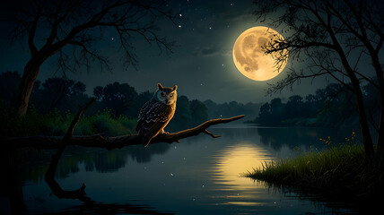 Fototapeta premium Majestic Owl Perched Amidst Moonlit Reflections