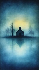 Misty view of a building near water, trees, soft light. Reflected in the water below. Blue and yellow tones