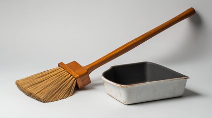 A classic wooden-handled broom and dustpan combo, neatly placed on a white backdrop,