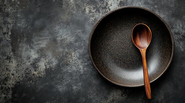 Vintage Dark Plate with Wooden Spoon on Rustic Background