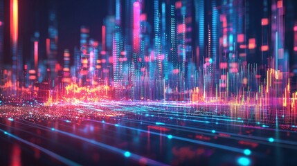 Fototapeta premium Abstract Digital City Landscape with Colorful Light Trails and Patterns